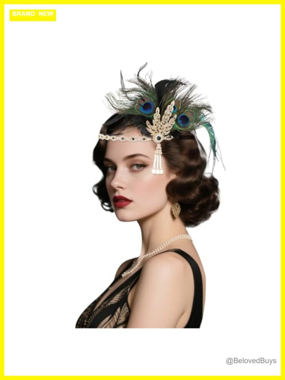 1920s Gatsby Flapper Feather Pearl Headband Costume Hair Accessory